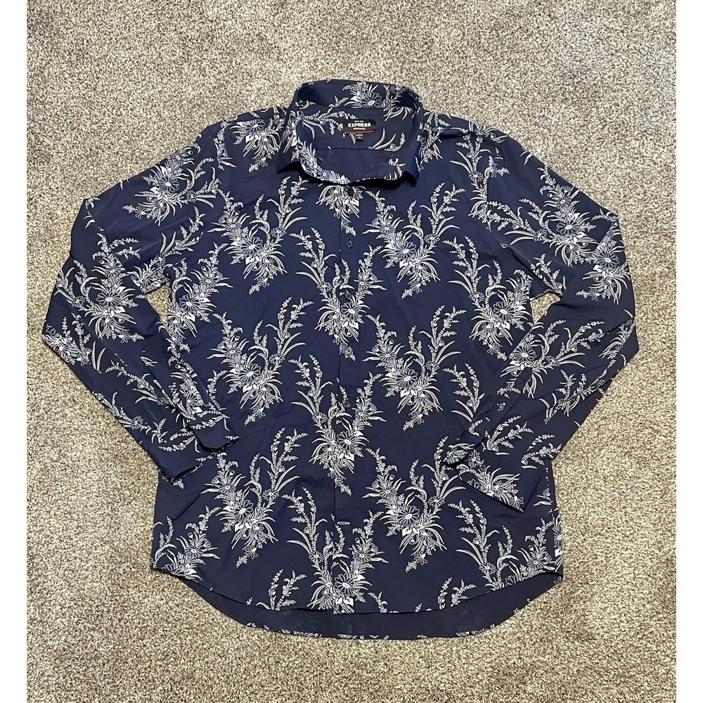 Express Men‎ Shirt XL Extra Slim Navy Blue Floral Hawaiian Button Up Long Sleeve